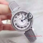 Copy Cartier Ballon Bleu De Cartier SS Diamond Bezel Grey Leather Band 33mm Watch